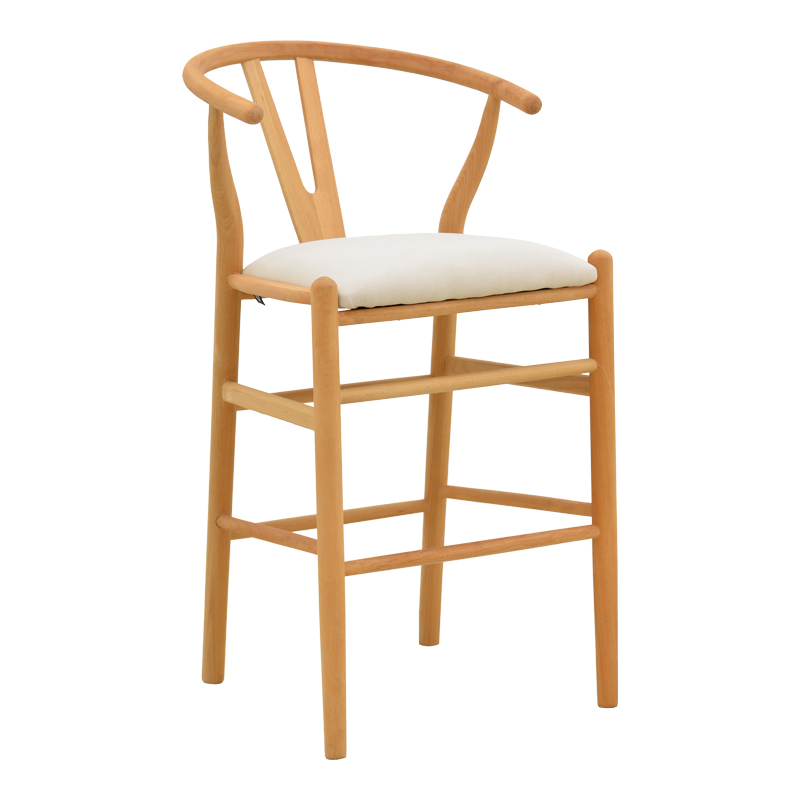 029-000465 Σκαμπό μπαρ Wishbone pakoworld μεσαίου ύψους rubberwood-ύφασμα σε φυσική-μπεζ απόχρωση 51x60x95εκ - Image 1