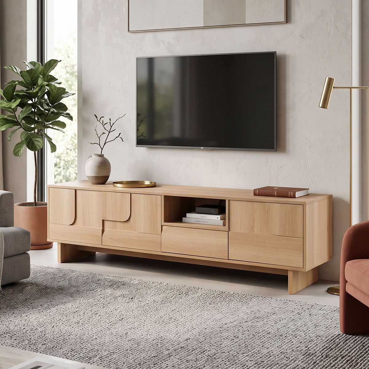 086-000030 Έπιπλο τηλεόρασης Jenfia pakoworld mdf σε φυσική απόχρωση 180x39x45,5εκ - Image 1