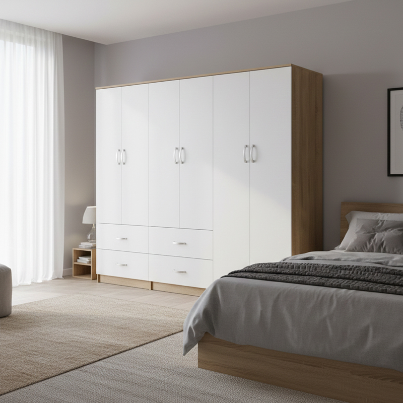 383-000219 Ντουλάπα εξάφυλλη Athos pakoworld sonoma-λευκή 240x42x180εκ - Image 1