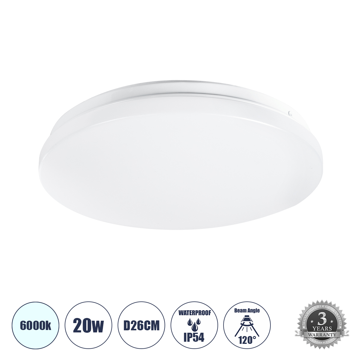 61005_0 GLOBOSTAR® CELANO 61005 Φωτιστικό Πλαφονιέρα Οροφής LED 20W 2000lm 120° AC 220-240V Αδιάβροχο IP54 Ψυχρό Λευκό 6000K - Lumileds SMD Chip - Λευκό Γαλακτερό - Μ26 x Π26 x Υ6cm - 3 Χρόνια Εγγύηση - Image 1