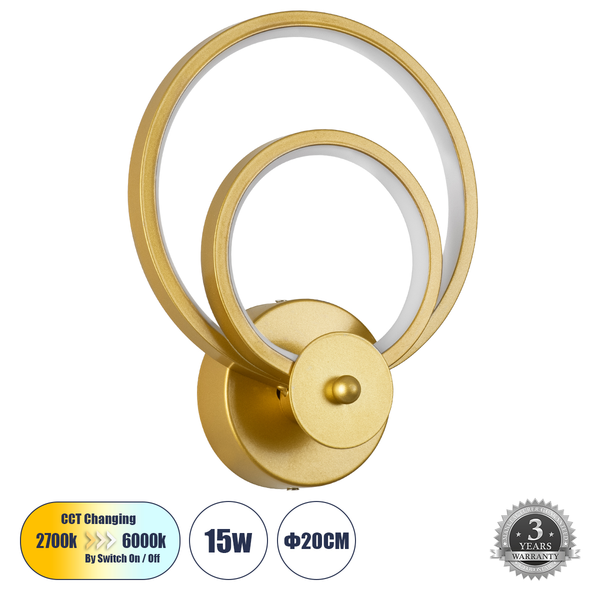 61078_0 GLOBOSTAR® FREDDIE 61078 Μοντέρνο Φωτιστικό Τοίχου - Απλίκα LED 15W 1080lm 300° AC 220-240V IP20 Ρυθμιζόμενο Λευκό CCT με On/Off 2700K/4500K/6000K - Lumileds SMD Chip - Χρυσό Βούρτσας - Μ20 x Π7.5 x Υ25cm - 3 Χρόνια Εγγύηση - Image 1