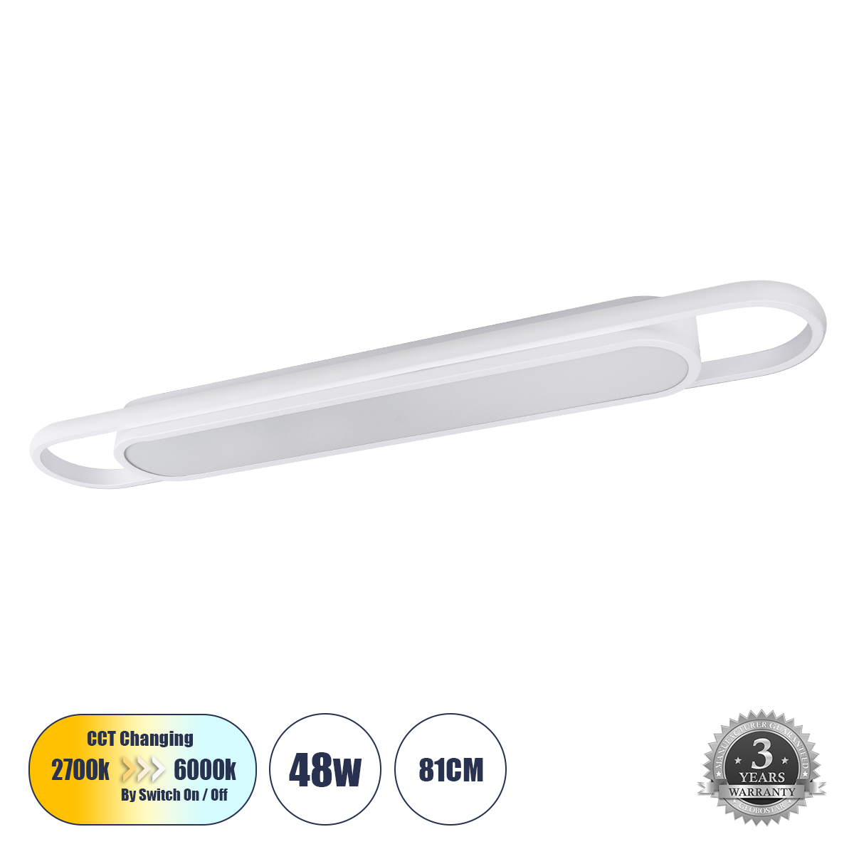 61219_0 GLOBOSTAR® IGOR 61219 Μοντέρνο Φωτιστικό Οροφής LED 48W 5760lm 210° AC 220-240V IP20 Ρυθμιζόμενο Λευκό CCT με On/Off 2700K/4500K/6000K - Lumileds SMD Chip - Λευκό Ματ - Μ81 x Π13 x Υ4.5cm - 3 Χρόνια Εγγύηση - Image 1