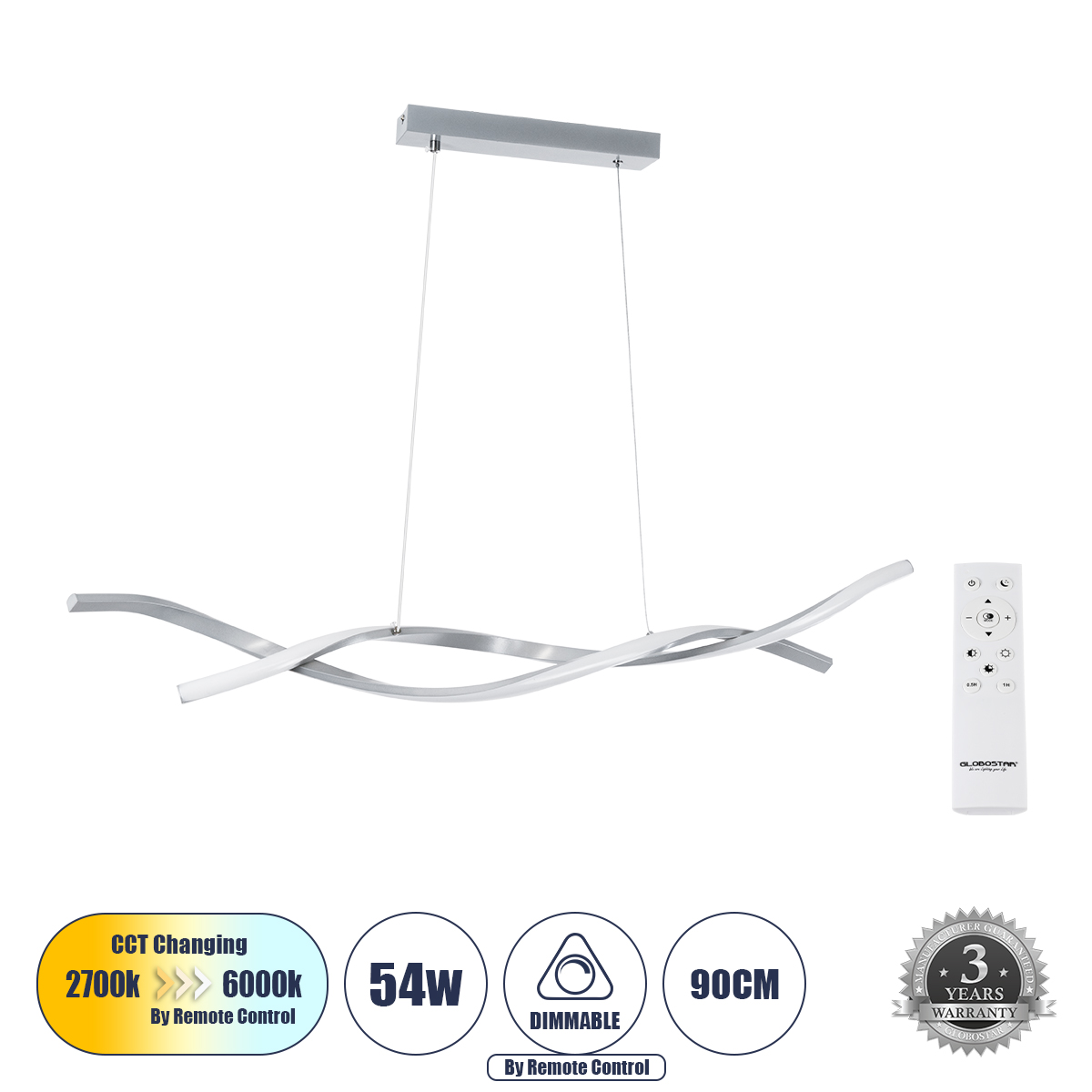 61277_0 GLOBOSTAR® MORALES 61277 Μοντέρνο Κρεμαστό Φωτιστικό Οροφής LED 54W 6048lm 300° AC 220-240V IP20 Ρυθμιζόμενο Λευκό CCT με Χειριστήριο από 2700K έως 6000K Dimmable - Lumileds SMD Chip - Νίκελ Βούρτσας - Μ90 x Π14 x Υ14cm - 3 Χρόνια Εγγύηση - Image 1