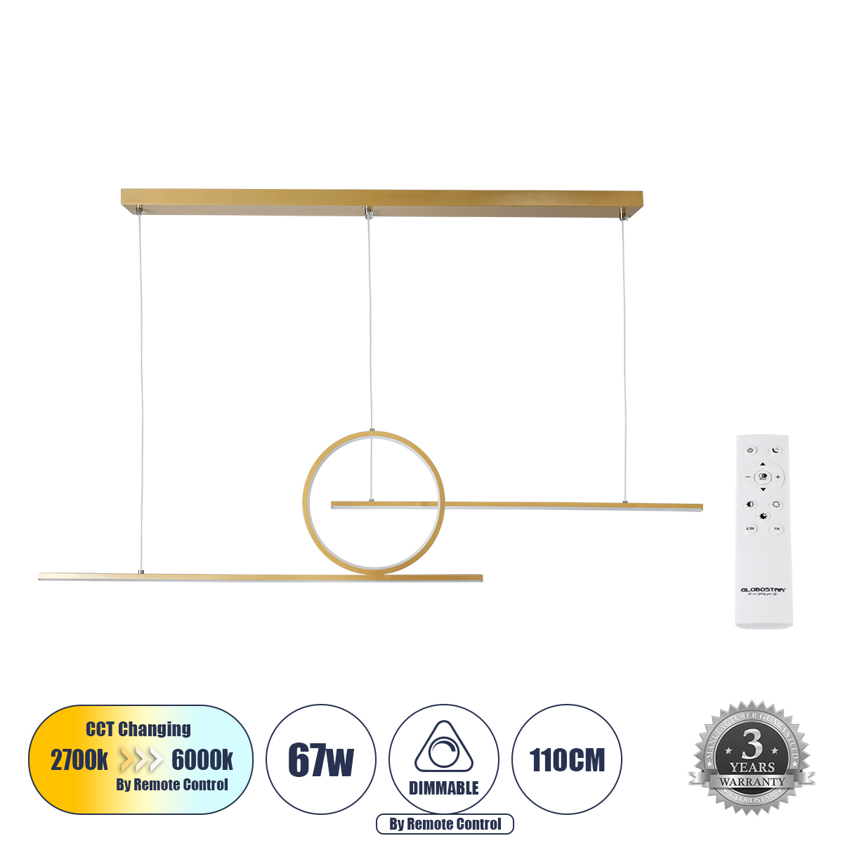 61289_00 GLOBOSTAR® TEREZA 61289 Μοντέρνο Κρεμαστό Φωτιστικό Οροφής LED 67W 7504lm 300° AC 220-240V IP20 Ρυθμιζόμενο Λευκό CCT με Χειριστήριο από 2700K έως 6000K Dimmable - Lumileds SMD Chip - Χρυσό Βούρτσας - Μ110 x Π4.5 x Υ34cm - 3 Χρόνια Εγγύηση - Image 1