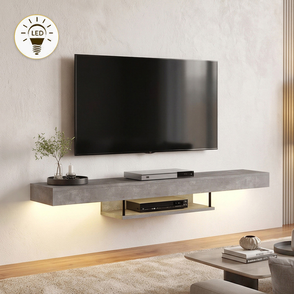 GP042-01866-0 Έπιπλο τηλεόρασης επιτοίχιο Albares Megapap με LED χρώμα γκρι σκυροδέματος 150x29,6x22εκ. - Image 1