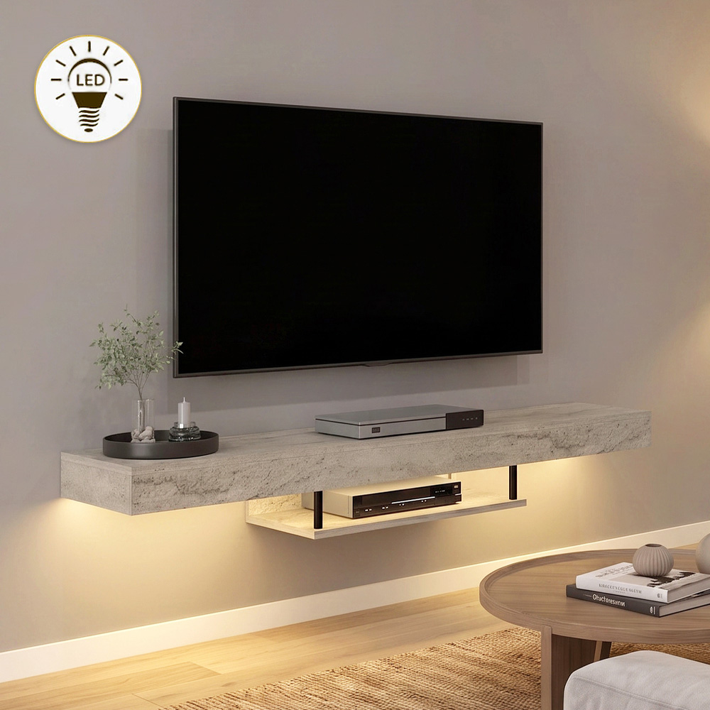 GP042-01868-0 Έπιπλο τηλεόρασης επιτοίχιο Albares Megapap με LED χρώμα travertine 150x29,6x22εκ. - Image 1