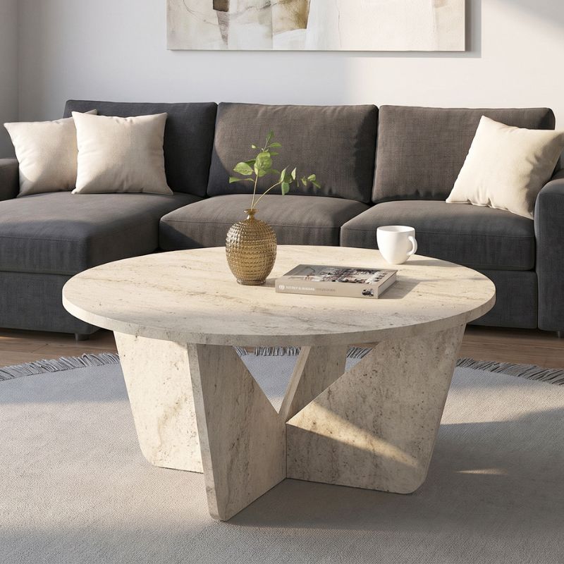 GP042-02392-0 Τραπεζάκι σαλονιού Lagerta Megapap χρώμα travertine Ø75x35εκ. - Image 1