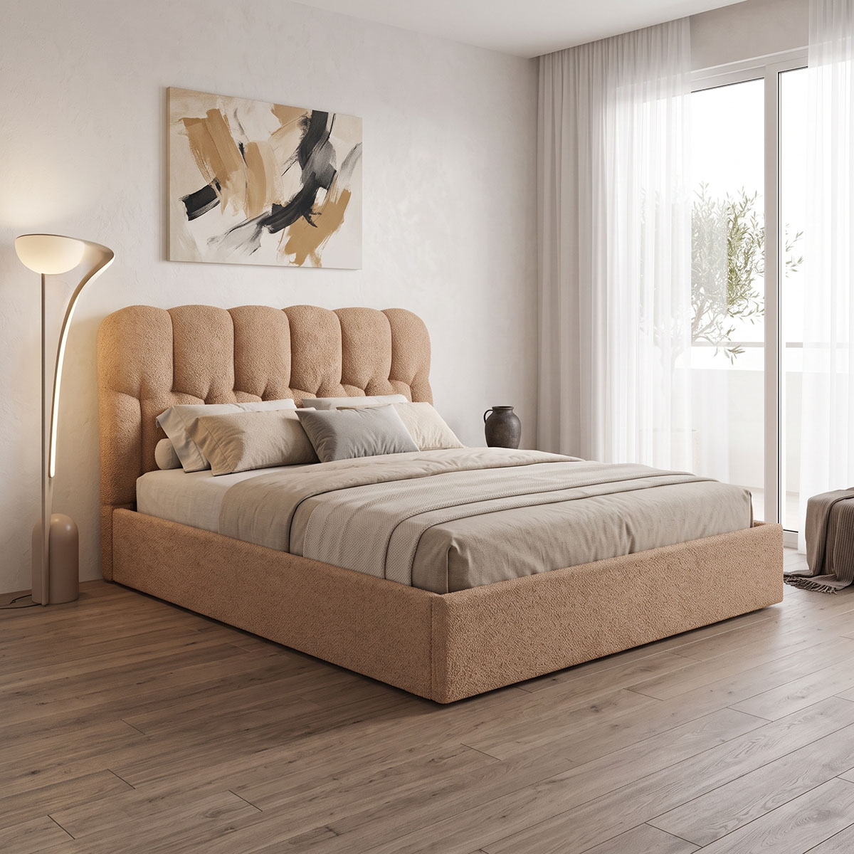 429-000009 Κρεβάτι διπλό Sectra pakoworld terracotta μπουκλέ ύφασμα 160x200εκ - Image 1