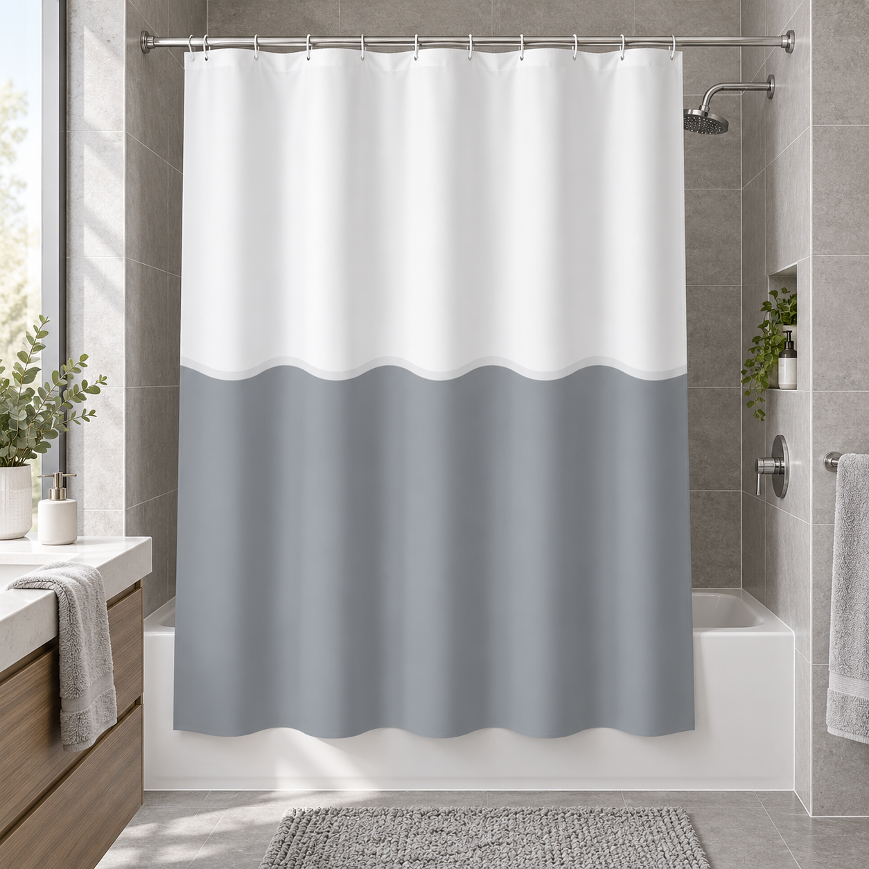 DC-025007_1 Κουρτίνα Μπάνιου 180x180cm Δίχρωμη Γκρι/Λευκή MRShome - Image 1