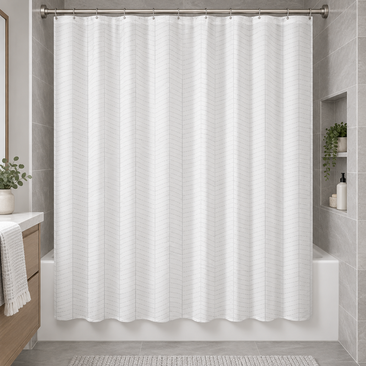 DC-025009_1 Κουρτίνα Μπάνιου 180x180cm Υφασμάτινη Λευκή με Γκρι Γεωμετρικό Μοτίβο MRShome - Image 1