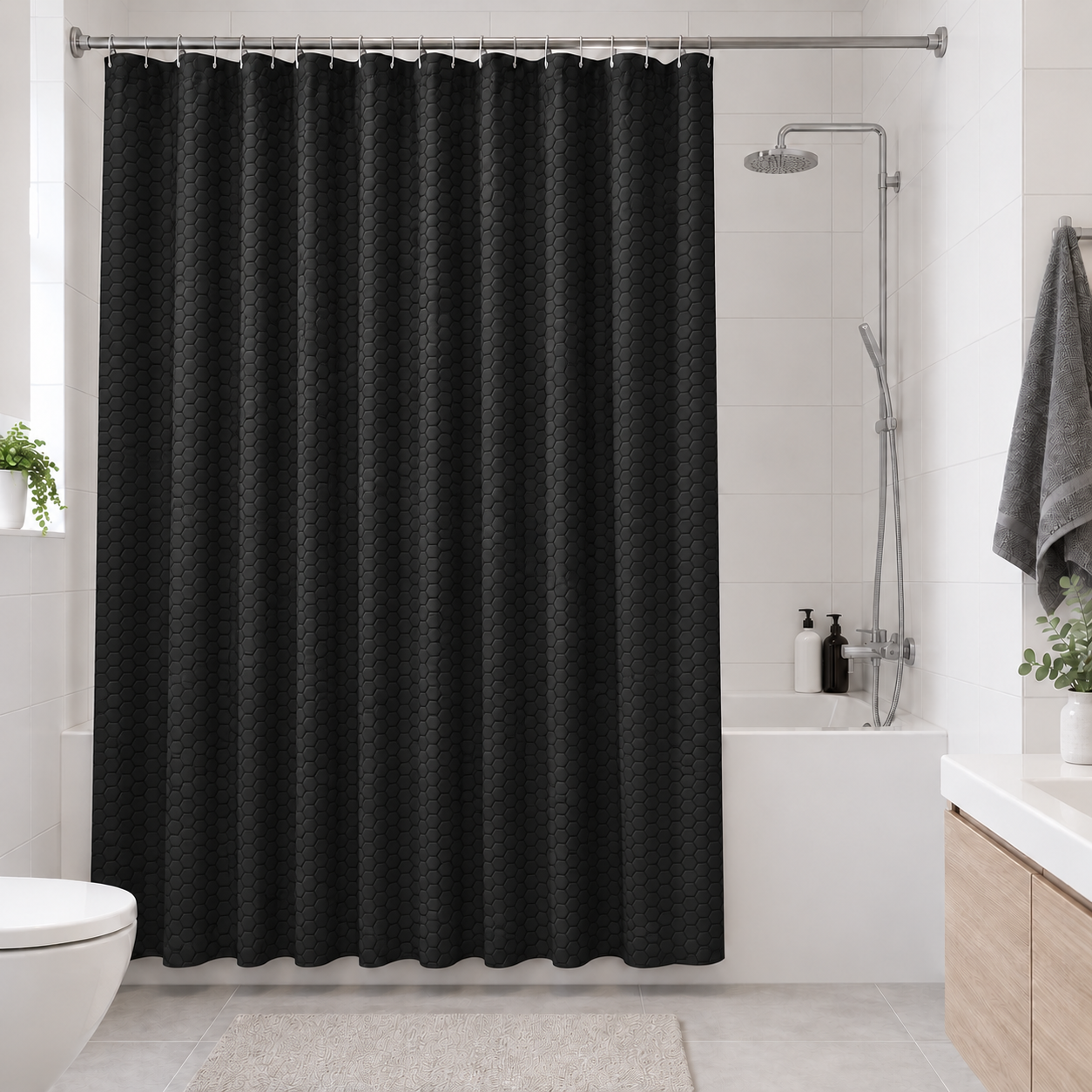 DC-025010__1 Κουρτίνα Μπάνιου 180x180cm PEVA Μαύρη με Γεωμετρικό Μοτίβο MRShome - Image 1