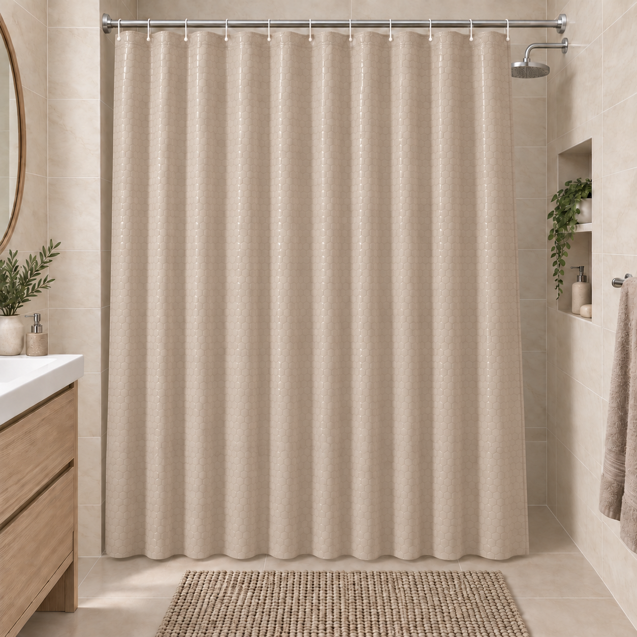 DC-025014_2 Κουρτίνα Μπάνιου 180x180cm PEVA Μπεζ με Γεωμετρικό Μοτίβο MRShome - Image 1