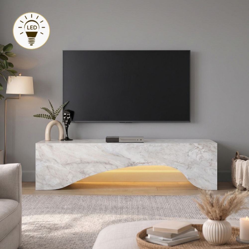GP042-03734-0 Έπιπλο τηλεόρασης Mara Megapap με LED χρώμα λευκό εφέ μαρμάρου 150x31,4x40εκ. - Image 1